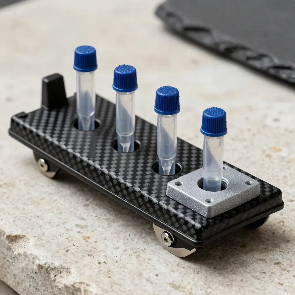 Carbon-fibre sample sled, four microvials and a cold block on pale stone with condensation
