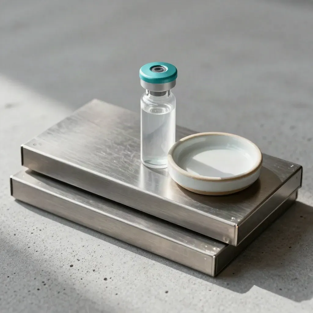 Macro still life of specimen cassettes, a serum tube and ceramic dish on grey plaster.