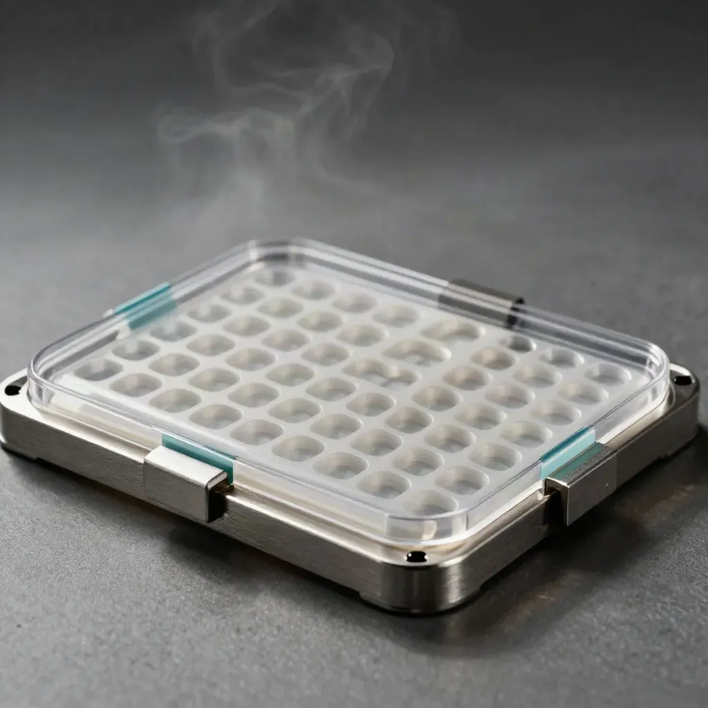 Top-down macro of a sealed 96-well plate in a brushed aluminium carrier with spacer blocks.