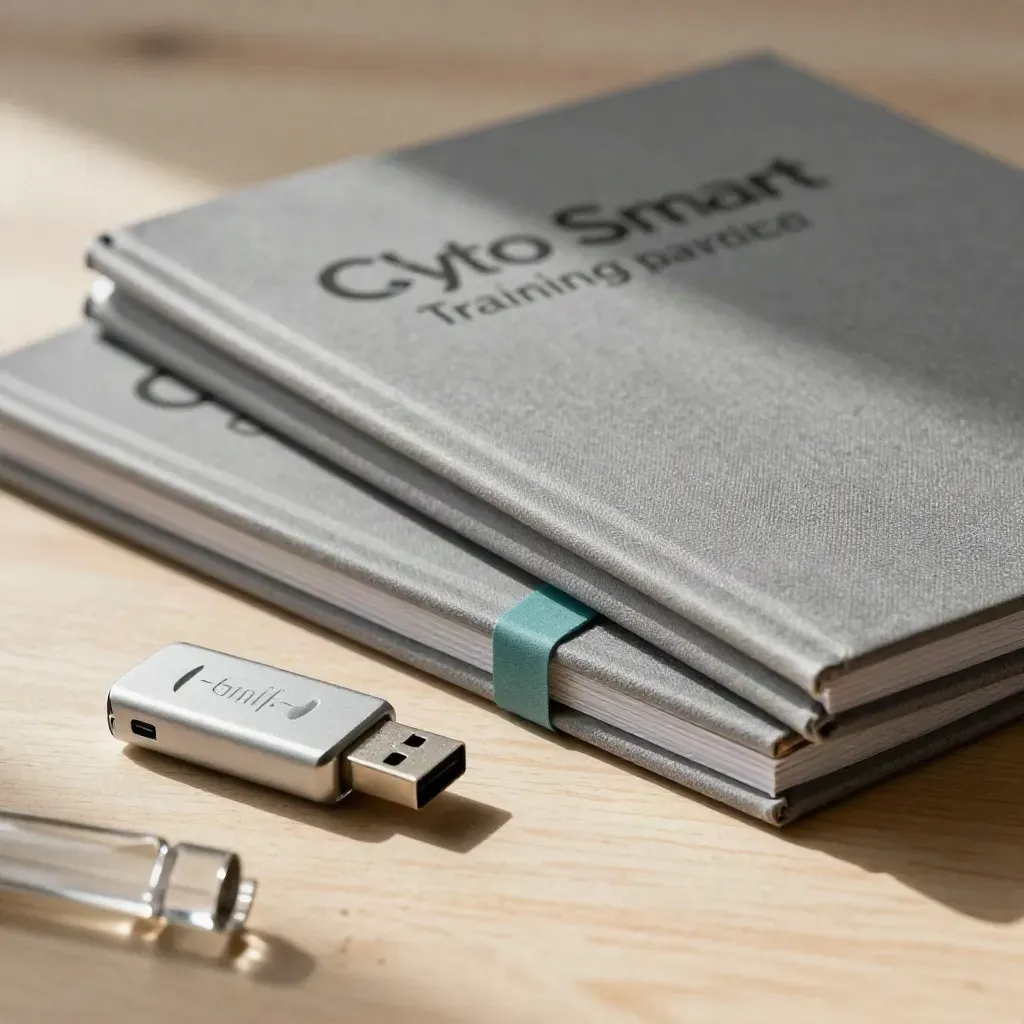 Lab manuals, a silver USB training key, and bookmark strip on pale wood, seen through a blurred vial neck.