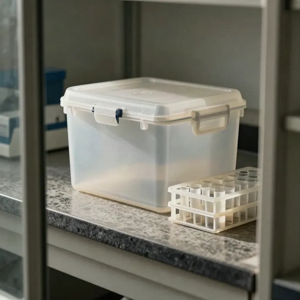 Cryobox, two tube racks and inventory tray seen through blurred cabinet glass in a dim lab