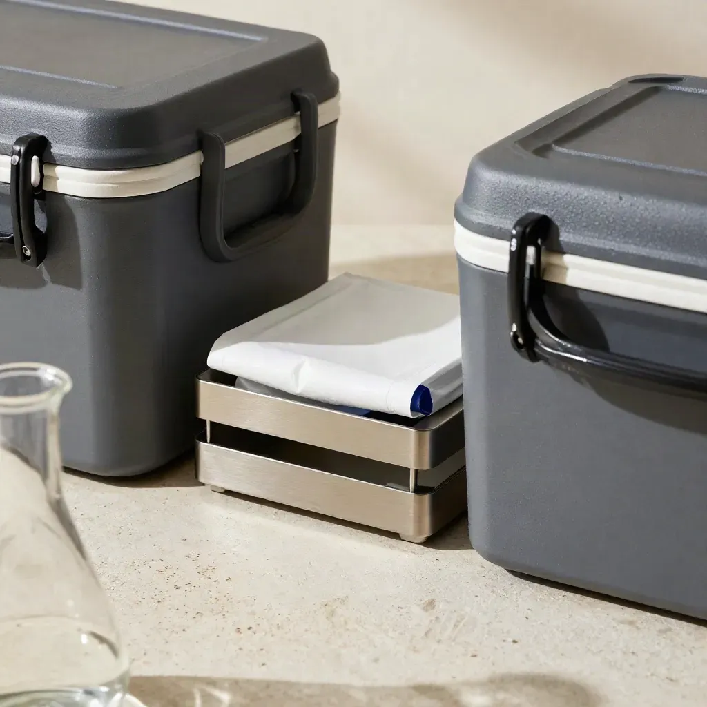 Transport coolers, sample carrier and sterile wrap on pale stone, seen through a blurred flask foreground.